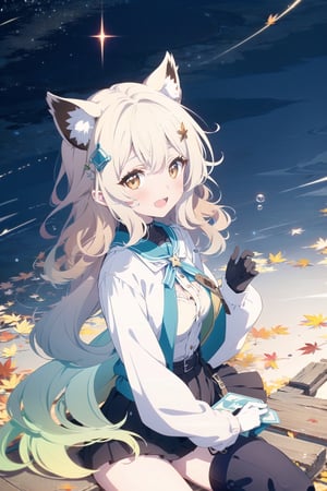 1 girl, (white hair:1.2), ((brown hair:1.1)), (gradient hair:1.6), ((long curly hair:1.4)), brown eyes, happiness, (white blouse, brown bubble skirt:1.2), fox girl, fox ears, fox tail, looking to viewer, outdoor, cute expression, smiling, breasts, gloves, random scenery, pantyhose, long sleeves, hair clip, sitting, (brown theme:1.6), bare_shoulder, adorable, autumn, maple_leaves, bokeh, night, starry- sky, looking up, open mouth,Blue_reason