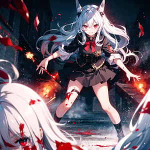 1 beautiful female onmyonji, full body, yandere, bloody costumes, white hair, red eyes, smile, killing scene, dead body, bloody war scene, horror theme, depth of field, in battle, spirits around, long hair, masterpiece, best quality,yandere trance,Female,Exe,teeth,manga panel