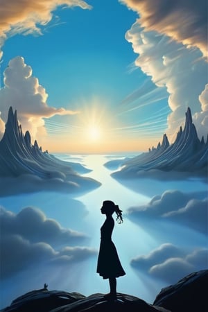 surrealism, natural, morning, detailed, 1 girl, (silhouette:1.4), blue sky, cloud, (magical energy flow), mythical scenery, tranquil, freedom, imagination,