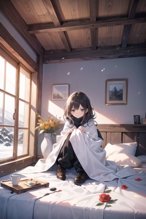 (masterpiece, best quality),Snow falls outside the window of a girls room. BREAK A girl with a sad expression sits on the bed, leaning against the wall. She is wrapped in a white blanket with orange flowers. Her long brown hair covers her ears. Her hands are hidden inside the blanket. BREAK The window is open, with a wooden frame and a white curtain on the left. Snow is piled up on the frame. Below the window, there is a small vase with a red flower. BREAK The girl looks at the snowy landscape, with snow-covered roofs, forest and mountains. The mood is lonely and peaceful., Anime,Enhanced All,ghibli,illustrator,sticker design