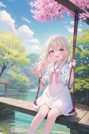 1girl, solo, sitting on swing, sakura, spring, happiness, lake, park,cuteloli, pastel color