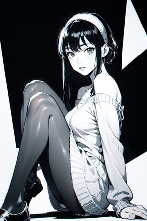 grayscale, manga, monochrome, lineart,  realistic, photorealistic, highest quality, surrealistic, absurd resolution, highly detailed illustration, BREAK k-pop idol, korean, young, 1 girl, abstract background, best shading, instagram, ((sweater dress)), long sleeves,bbyorf, off shoulder, sweater, black hair, white hairband, pantyhose, backless sweater , sitting with knees up, short hair with long locks