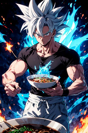 highly detailed, masterpiece, high quality, beautiful, son goku, son goku ultra instinct, ((aura power)), black t-shirt, ((white pants)), Insane detail in face, serious expression, slim, charging power, grey eyes,  looking with intense and focused look,  eating noodle, noodle in bowl, (large amount bowl:1.3),  ((blue fire)), muscular, rising smoke, standing, floating on air, noodle floating