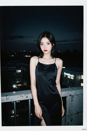 1girl, lomo-style photograph, (Polaroid Film frame:1.2), flash light photograph, complete dark, cowboy_shot, rooftop, long dress