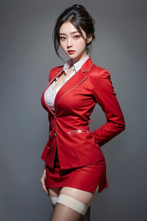 ((simple background)), flight attendance uniform, garrison cap, black hair in chignon, red blazer, white collar shirt, red skirt, stockings, standing, Realistic, Photorealistic, K-Pop idol, highest quality, surrealistic, high resolution, 18 years old, young , sexy woman, 1 girl, medium breasted, beautifully detailed eyes, perfect eyes, enchanting eyes,