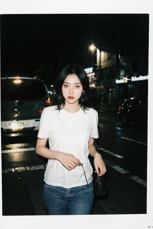 1girl, lomo-style photograph, Polaroid Film frame, flash light photograph, complete dark, cowboy_shot, street, collage style, (motion blur:1), Long exposure photography