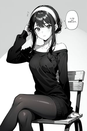 grayscale, manga, monochrome, lineart, speech bubble, motion line, highest quality, absurd resolution, highly detailed illustration, young, 1 girl, abstract background, best shading, ((sweater dress)), long sleeves,bbyorf, off shoulder, sweater, black hair, white hairband, pantyhose, backless sweater, short hair with long locks, hand to chin, hand in hair, sitting bench and crossed legs