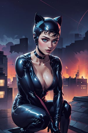 girl, close-up, 21 year old, sexy, sexy attire, catwoman, bodysuit, cleavage, open clothe, helmet, cat ears, choker, night sky, outdoors, rooftop, light particles, mist, fog, squatting,  arms_above