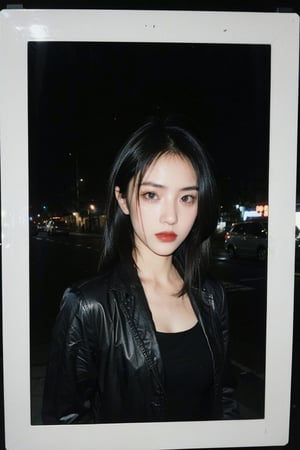 1girl, lomo-style photograph, Polaroid Film frame, flash light photograph, complete dark, upper body, street, collage style