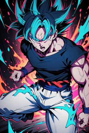 highly detailed, masterpiece, high quality, beautiful, son goku, son goku ultra instinct, ((aura power)), black t-shirt, ((white pants)), Insane detail in face, serious expression, slim, charging power, grey eyes,  looking with intense and focused look,   ((blue fire)), muscular, rising smoke, (shouting)