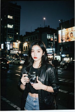 1girl, lomo-style photograph, Polaroid Film frame, flash light photograph, complete dark, cowboy_shot, street, collage style