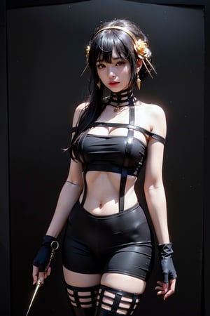 highest quality, absurd resolution, highly detailed illustration, young, 1 girl, best shading, gold hairband, hair ornament, gold earring, (choker), fingerless gloves, thigh boots, black hair, chignon with long locks, weapon, cement wall, bikesuit, (navel, cross-laced), hair flower, (dark background, no light:1.8), straight-on angle