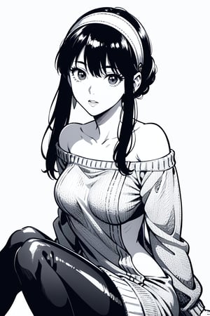 grayscale, manga, monochrome, lineart,  realistic, photorealistic, highest quality, surrealistic, absurd resolution, highly detailed illustration, BREAK k-pop idol, korean, young, 1 girl, abstract background, best shading, instagram, ((sweater dress)), long sleeves,bbyorf, off shoulder, sweater, black hair, white hairband, pantyhose, backless sweater , sitting with knees up, short hair with long locks