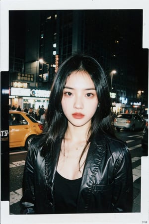 1girl, lomo-style photograph, Polaroid Film frame, flash light photograph, complete dark, upper body, street