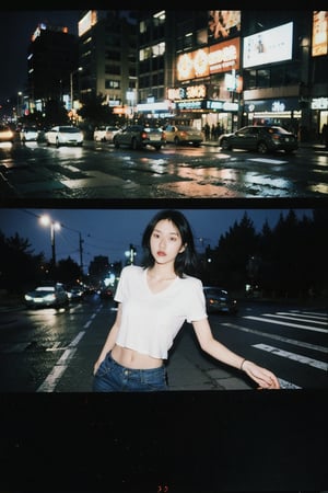 1girl, lomo-style photograph, Polaroid Film frame, flash light photograph, complete dark, cowboy_shot, street, (collage style:1.2), (motion blur:1.3), Long exposure photography