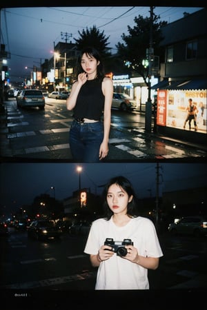 1girl, lomo-style photograph, Polaroid Film frame, flash light photograph, complete dark, cowboy_shot, street, collage style, (motion blur:1), Long exposure photography