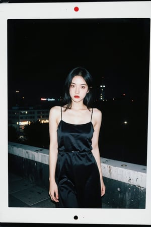 1girl, lomo-style photograph, (Polaroid Film frame:1.2), flash light photograph, complete dark, cowboy_shot, rooftop, long dress