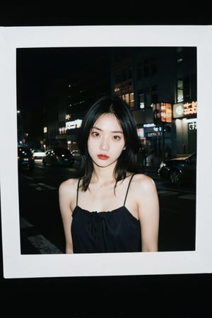 1girl, lomo-style photograph, Polaroid Film frame, flash light photograph, complete dark, upper body, street, collage style