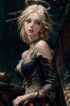 front upper body portrait. (masterpiece:1.2, best quality),(colored background) (finely detailed beautiful eyes: 1.2),guweiz style,details,  (extremely detailed CG unity 8k wallpaper, masterpiece, best quality, ultra-detailed, best shadow), (detailed background), (beautiful detailed face, beautiful detailed eyes), High contrast, (best illumination, an extremely delicate and beautiful),1girl, dynamic angle,beautiful detailed glow,upper body,blazer, white dress shirt, glow_in_the_dark, saint, middriff, choker, halo on head, blonde hair,shoulder lentght hair, blue eyes, overgrown field as background, intimidating look,midjourney, ,EpicArt,guweiz style,renaissance
