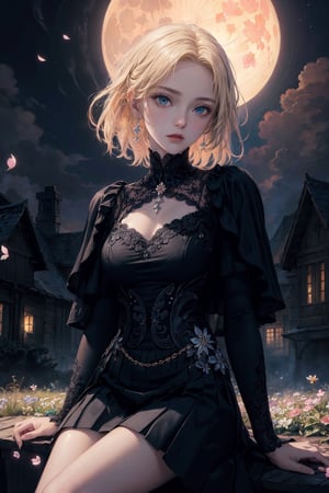 oil painting, masterpiece, best quality,
1girl, (colorful),(finely detailed beautiful eyes and detailed face),cinematic lighting,bust shot,extremely detailed CG unity 8k wallpaper,noble woman with blonde hair, blue eyes, solo, white dress, see-through, elegant hair_style, sitting on mansion, noble, proud,intricate skirt,((flying petal)),(Flowery meadow)
sky, cloudy_sky, building, moonlight, moon, night, (dark theme:1.3), light, fantasy, midjourney, complex_background, fullmoon,masterpiece