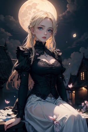 oil painting, masterpiece, best quality,
1girl, (colorful),(finely detailed beautiful eyes and detailed face),cinematic lighting,bust shot,extremely detailed CG unity 8k wallpaper,noble woman with blonde hair, blue eyes, solo, white dress see-through, maid, elegant hair_style, sitting on mansion, noble, proud,intricate skirt,((flying petal)),(Flowery meadow)
sky, cloudy_sky, building, moonlight, moon, night, (dark theme:1.3), light, fantasy, midjourney, complex_background, fullmoon,masterpiece