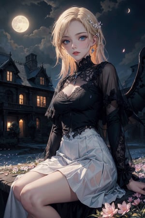 oil painting, masterpiece, best quality,
1girl, (colorful),(finely detailed beautiful eyes and detailed face),cinematic lighting,bust shot,extremely detailed CG unity 8k wallpaper,noble woman with blonde hair, blue eyes, solo, white dress, see-through, elegant hair_style, sitting on mansion, noble, proud,intricate skirt,((flying petal)),(Flowery meadow)
sky, cloudy_sky, building, moonlight, moon, night, (dark theme:1.3), light, fantasy, midjourney, complex_background, fullmoon,masterpiece