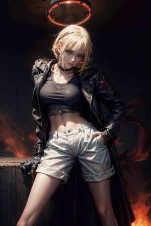 front upper body portrait. (masterpiece:1.2, best quality),(colored background) (finely detailed beautiful eyes: 1.2),guweiz style,details,  (extremely detailed CG unity 8k wallpaper, masterpiece, best quality, ultra-detailed, best shadow), (detailed background), (beautiful detailed face, beautiful detailed eyes), High contrast, (best illumination, an extremely delicate and beautiful),1girl, dynamic angle,beautiful detailed glowig blue eyes,upper body,white_topwear, shorts, short_pants, moder outfit, urban techwear,glowing clothes, saint,middriff, choker, halo on head, (blonde hair),red glowing eyes,intimidating look,midjourney, ,EpicArt,guweiz style