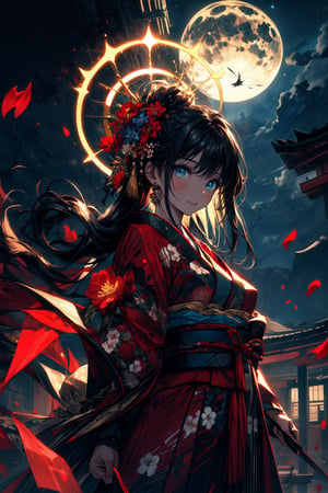 masterpiece, best quality,
1girl, (colorful),(finely detailed beautiful eyes and detailed face),cinematic lighting,bust shot,extremely detailed CG unity 8k wallpaper, red hair, green eyes, solo,halo on head, okami, flowers, kimono, smile,intricate skirt,((flying petal)),(Flowery meadow)
sky, cloudy_sky, building, moonlight, moon, night, (dark theme:1.3), light, fantasy, midjourney, complex_background, fullmoon, 