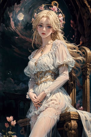 oil painting, masterpiece, best quality,(Hands:1.1), ,better_hands,
1girl, (colorful),(finely detailed beautiful eyes and detailed face),cinematic lighting,bust shot,extremely detailed CG unity 8k wallpaper,(noble woman with blonde hair),(looking down on you),  (blue eyes), solo,(white dress), (see-through), elegant hair_style, sitting on throne in heavens, noble, proud,intricate skirt,((flying petal)),(Flowery meadow) looking at camera,
sky, cloudy_sky, building, moonlight, moon, night, (dark theme:1.3), light, fantasy, midjourney, complex_background, fullmoon,masterpiece,midjourney,girl,renaissance saint, (halo on head)