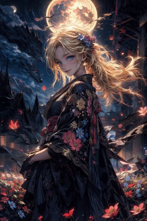 masterpiece, best quality,
1girl, (colorful),(finely detailed beautiful eyes and detailed face),cinematic lighting,bust shot,extremely detailed CG unity 8k wallpaper,blonde hair, blue eyes, solo, kimono, smile,intricate skirt,((flying petal)),(Flowery meadow)
sky, cloudy_sky, building, moonlight, moon, night, (dark theme:1.3), light, fantasy, midjourney, complex_background, fullmoon