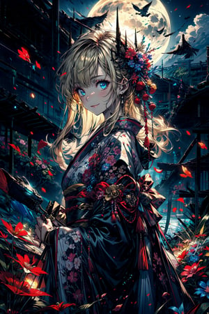 masterpiece, best quality,
1girl, (colorful),(finely detailed beautiful eyes and detailed face),cinematic lighting,bust shot,extremely detailed CG unity 8k wallpaper,blonde hair, blue eyes, solo, kimono, smile,intricate skirt,((flying petal)),(Flowery meadow)
sky, cloudy_sky, building, moonlight, moon, night, (dark theme:1.3), light, fantasy, midjourney, complex_background, fullmoon