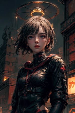 front upper body portrait. (masterpiece:1.2, best quality),(colored background) (finely detailed beautiful eyes: 1.2),guweiz style,details,  (extremely detailed CG unity 8k wallpaper, masterpiece, best quality, ultra-detailed, best shadow), (detailed background), (beautiful detailed face, beautiful detailed eyes), High contrast, (best illumination, an extremely delicate and beautiful),1girl, dynamic angle,beautiful detailed glow,upper body, moder outfit, urban techwear,saint, choker, halo on head, white short hair, deep red glowing eyes,intimidating look,midjourney, ,EpicArt,guweiz style