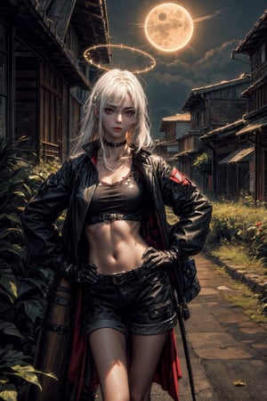 front upper body medium distance portrait. (masterpiece:1.2, best quality),(colored background) (finely detailed beautiful eyes: 1.2),guweiz style,details,  (extremely detailed CG unity 8k wallpaper, masterpiece, best quality, ultra-detailed, best shadow), (detailed background), (beautiful detailed face, beautiful detailed eyes), High contrast, (best illumination, an extremely delicate and beautiful),sole_female,beautiful detailed glow,upper body,u rban outfi, techwear, modern city, shirt, blazer, midriff, glow_in_the_dark, saint, choker, halo on head, (long white hair and red eyes)overgrown field as background, intimidating look,midjourney, phone wallpaper,renaissance, end of the world, moon on background, eclipse