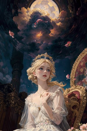 oil painting, masterpiece, best quality,(Hands:1.1), ,better_hands,
1girl, (colorful),(finely detailed beautiful eyes and detailed face),cinematic lighting,bust shot,extremely detailed CG unity 8k wallpaper,(noble woman with blonde hair),(looking down on you),  (blue eyes), solo,(white dress), (see-through), elegant hair_style, sitting on throne in heavens, noble, proud,intricate skirt,((flying petal)),(Flowery meadow) looking at camera,
sky, cloudy_sky, building, moonlight, moon, night, (dark theme:1.3), light, fantasy, midjourney, complex_background, fullmoon,masterpiece,midjourney,girl,renaissance saint, (halo on head)