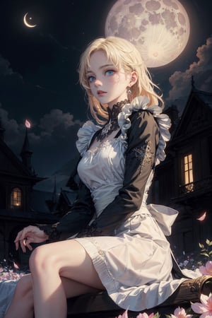 oil painting, masterpiece, best quality,
1girl, (colorful),(finely detailed beautiful eyes and detailed face),cinematic lighting,bust shot,extremely detailed CG unity 8k wallpaper,noble woman with blonde hair, blue eyes, solo, white dress see-through, maid, elegant hair_style, sitting on mansion, noble, proud,intricate skirt,((flying petal)),(Flowery meadow)
sky, cloudy_sky, building, moonlight, moon, night, (dark theme:1.3), light, fantasy, midjourney, complex_background, fullmoon,masterpiece