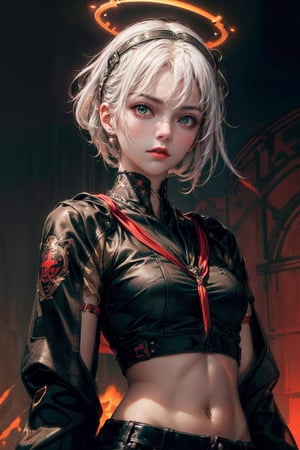 front upper body portrait. (masterpiece:1.2, best quality),(colored background) (finely detailed beautiful eyes: 1.2),guweiz style,details,  (extremely detailed CG unity 8k wallpaper, masterpiece, best quality, ultra-detailed, best shadow), (detailed background), (beautiful detailed face, beautiful detailed eyes), High contrast, (best illumination, an extremely delicate and beautiful),1girl, dynamic angle,beautiful detailed glow,upper body, moder outfit, urban techwear,glowing clothes, saint,middriff, choker, halo on head, white hair,red glowing eyes,intimidating look,midjourney, ,EpicArt,guweiz style