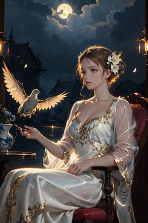 oil painting, masterpiece, best quality,
1girl, (colorful),(finely detailed beautiful eyes and detailed face),cinematic lighting,bust shot,extremely detailed CG unity 8k wallpaper,noble woman with blonde hair, blue eyes, solo, white dress, see-through, elegant hair_style, sitting on mansion, noble, proud,intricate skirt,((flying petal)),(Flowery meadow)
sky, cloudy_sky, building, moonlight, moon, night, (dark theme:1.3), light, fantasy, midjourney, complex_background, fullmoon,masterpiece