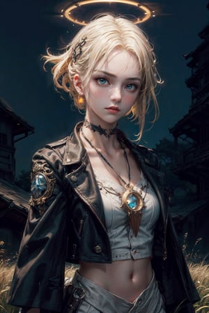 front upper body portrait. (masterpiece:1.2, best quality),(colored background) (finely detailed beautiful eyes: 1.2),guweiz style,details,  (extremely detailed CG unity 8k wallpaper, masterpiece, best quality, ultra-detailed, best shadow), (detailed background), (beautiful detailed face, beautiful detailed eyes), High contrast, (best illumination, an extremely delicate and beautiful),1girl, dynamic angle,beautiful detailed glow,upper body,blazer, white dress shirt, glow_in_the_dark, saint, middriff, choker, halo on head, blonde hair,shoulder lentght hair, blue eyes, overgrown field as background, intimidating look,midjourney, ,EpicArt,guweiz style