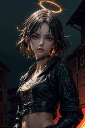 front upper body portrait. (masterpiece:1.2, best quality),(colored background) (finely detailed beautiful eyes: 1.2),guweiz style,details,  (extremely detailed CG unity 8k wallpaper, masterpiece, best quality, ultra-detailed, best shadow), (detailed background), (beautiful detailed face, beautiful detailed eyes), High contrast, (best illumination, an extremely delicate and beautiful),1girl, dynamic angle,beautiful detailed glow,upper body, moder outfit, urban techwear,glowing clothes, saint,middriff, choker, halo on head, black hair,green glowing eyes,intimidating look,midjourney, ,EpicArt,guweiz style