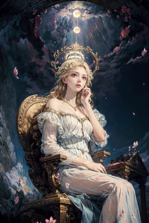 oil painting, masterpiece, best quality,(Hands:1.1), ,better_hands,
1girl, (colorful),(finely detailed beautiful eyes and detailed face),cinematic lighting,bust shot,extremely detailed CG unity 8k wallpaper,(noble woman with blonde hair),(looking down on you),  (blue eyes), solo,(white dress), (see-through), elegant hair_style, (sitting on throne in heavens), noble, proud,intricate skirt,((flying petal)),(Flowery meadow) looking at camera,
sky, cloudy_sky, building, moonlight, moon, night, (dark theme:1.3), light, fantasy, midjourney, complex_background, fullmoon,masterpiece,midjourney,girl,renaissance saint, (halo on head)