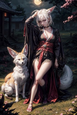 front upper body portrait. (masterpiece:1.2, best quality),(colored background) ,fennec_kitsune, kemonomimi, fox ears, ,kitsune girl, pink kimono, japan field, overgrown field, japanese shrine,  (finely detailed beautiful eyes: 1.2),guweiz style,details,  (extremely detailed CG unity 8k wallpaper, masterpiece, best quality, ultra-detailed, best shadow), (detailed background), (beautiful detailed face, beautiful detailed eyes), High contrast, (best illumination, an extremely delicate and beautiful),sole_female,beautiful detailed glow,upper body, glow_in_the_dark, , choker, , (long white hair and violet eyes), overgrown field as background, intimidating look,midjourney, phone wallpaper, end of the world, moon on background, ,YAMATO