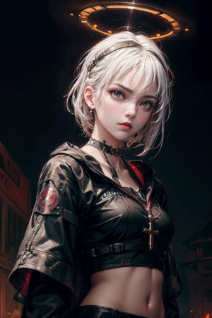 front upper body portrait. (masterpiece:1.2, best quality),(colored background) (finely detailed beautiful eyes: 1.2),guweiz style,details,  (extremely detailed CG unity 8k wallpaper, masterpiece, best quality, ultra-detailed, best shadow), (detailed background), (beautiful detailed face, beautiful detailed eyes), High contrast, (best illumination, an extremely delicate and beautiful),1girl, dynamic angle,beautiful detailed glow,upper body, moder outfit, urban techwear,glowing clothes, saint,middriff, choker, halo on head, white hair,red glowing eyes,intimidating look,midjourney, ,EpicArt,guweiz style