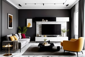 interior design, scandinavian style, scandinavian design, white style, luxurious theatre room interior, modular furniture with cotton textiles, marble floor, low ceiling,  minimalism, minimal, clean, tiny style, accent bright color, air, eclectic trends, gray, simple and functional, tv, computer,luxurious livingroom