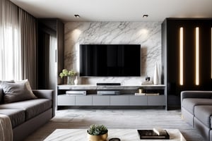 interior design, scandinavian style, scandinavian design, white style, luxurious theatre room interior, modular furniture with cotton textiles, marble floor, low ceiling,  minimalism, minimal, clean, tiny style, accent bright color, air, eclectic trends, gray, simple and functional, tv, computer,luxurious livingroom