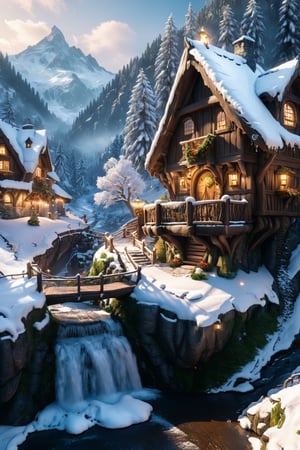 (masterpiece:1.2), best quality, high resolution, unity 8k wallpaper, (illustration:1), perfect lighting, photo(medium), photorealistic, realistic, valley, treehouse village covered, elf, waterfall, winter snow, ice, highly detailed, dynamic lighting, cinematic, realism, realistic, photo real, detailed, high contrast, denoised, centered,  8k, detailed, hyper  realistic,more detail XL