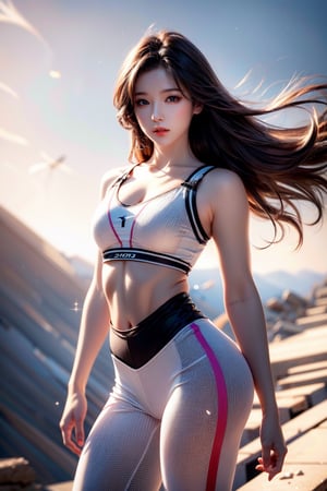 masterpiece,masterpiece:1.2,best quality,highest quality,More Detail,hyper realistic,photorealistic,small breasts,korean idol,long hair,brown hair,whole body,On the mountain,thin shirt,Leggings,sports wear,sun galss