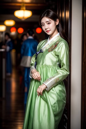 korean idol,20_old_girl,long hair,brown hair,whole body,stewardess,masterpiece,masterpiece:1.2, highest quality,small breasts, (traditional) Korean woman clothes