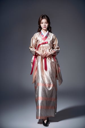 korean idol,20_old_girl,long hair,brown hair,whole body,stewardess,masterpiece,masterpiece:1.2, highest quality,small breasts, (traditional) Korean woman clothes