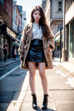 masterpiece,masterpiece:1.2,best quality,highest quality,More Detail,hyper realistic,photorealistic,small breasts,korean idol,long hair,brown hair,whole body,in the street,casual jacket,mini skirt