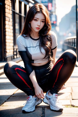 masterpiece,masterpiece:1.2,best quality,highest quality,More Detail,hyper realistic,photorealistic,small breasts,korean idol,long hair,brown hair,whole body,On the mountain,thin shirt,Leggings,sports wear